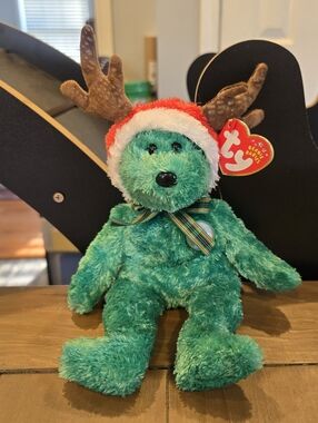 Vintage 2002 Ty Beanie Baby Green Reindeer Bear Plush - Holiday Hat